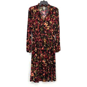 Anne Klein Dress Floral Print Black Long Sleeve Tied V Neck Midi